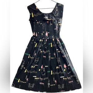 Vintage 1950s Gay Gibson Black Sundress With Novelty Print "Apothecary Shop"